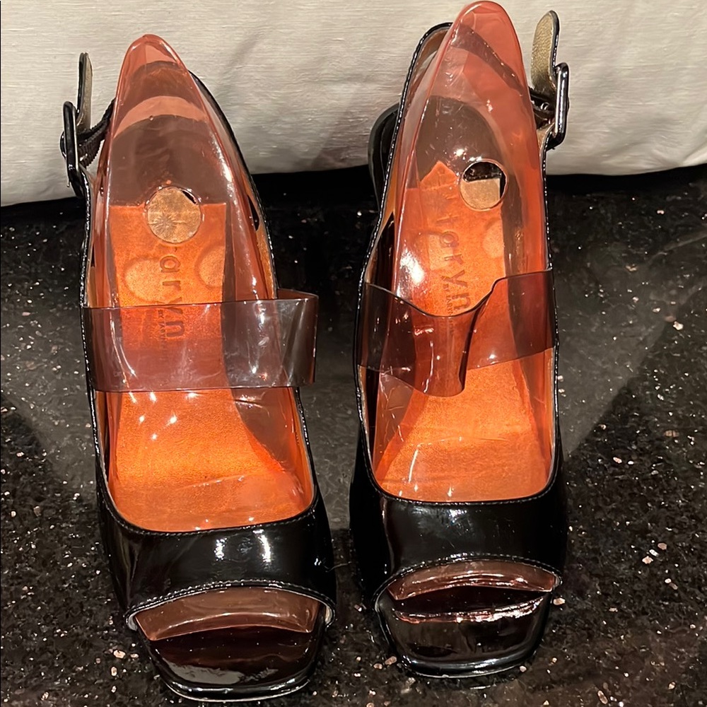 Tarin Rose Black and Clear Peep Toe Heels